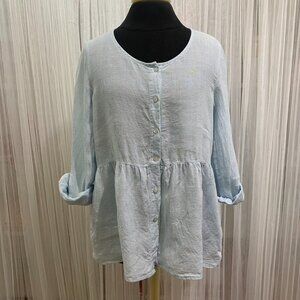 Sigrid Olsen Women’s Small 100% Linen Shirt Light Blue Button-Up Roll Tab Sleeve